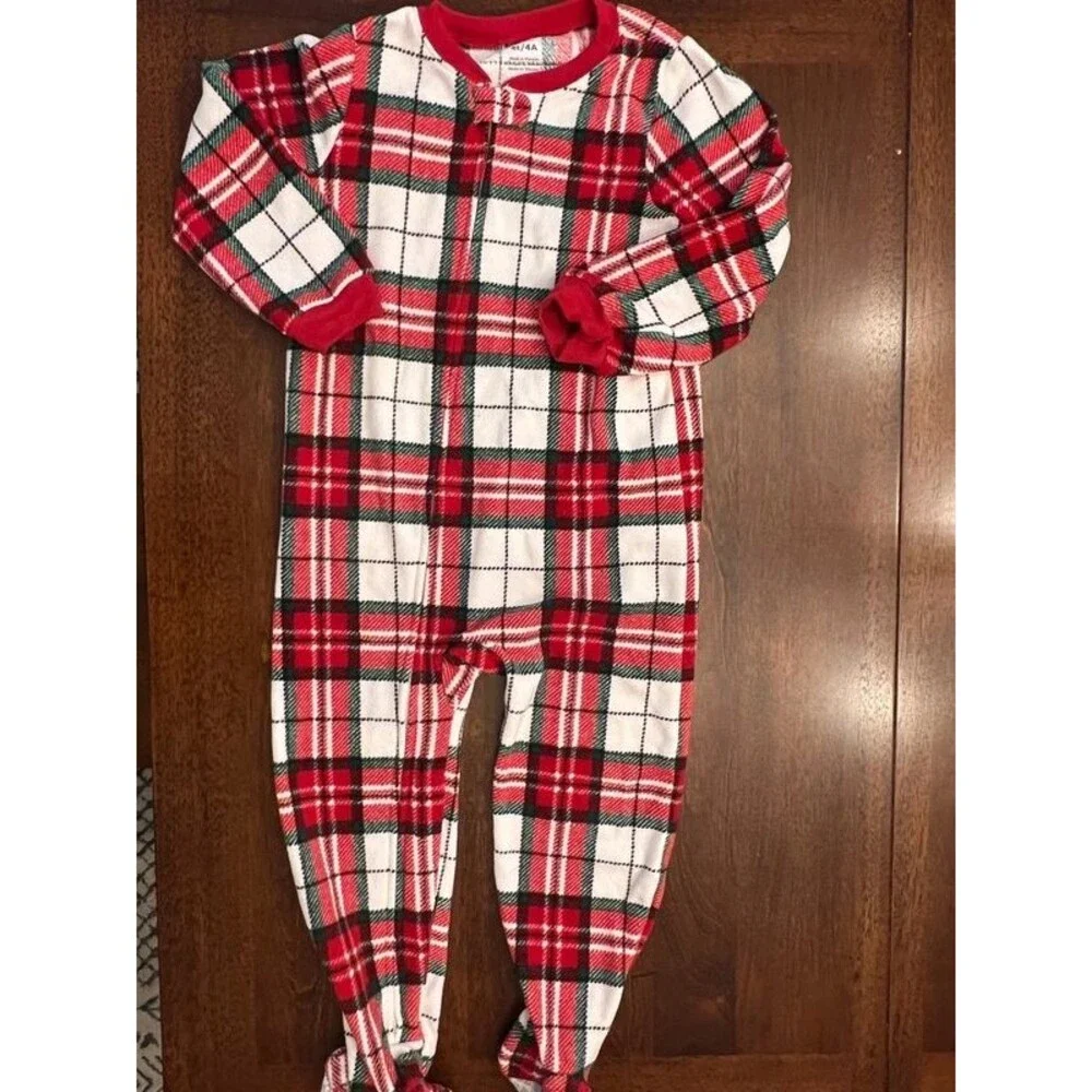 2 Toddler Zip Up Fleece Pajamas Holiday Plaid Winter Boys Girls Size 4T